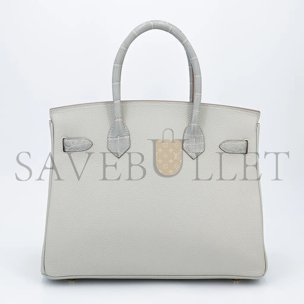 H**mes master birkin 25 crocodile and togo leather pearl grey gold buckle h076216ck15 (25*20*13cm)